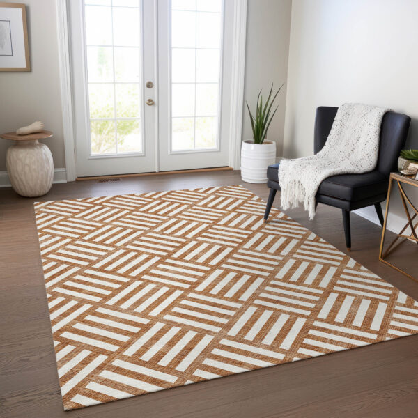 3' X 5' Orange And Ivory Geometric Washable Indoor Outdoor Area Rug