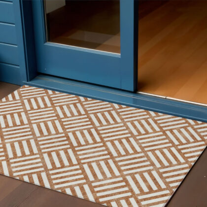 3' X 5' Orange And Ivory Geometric Washable Indoor Outdoor Area Rug