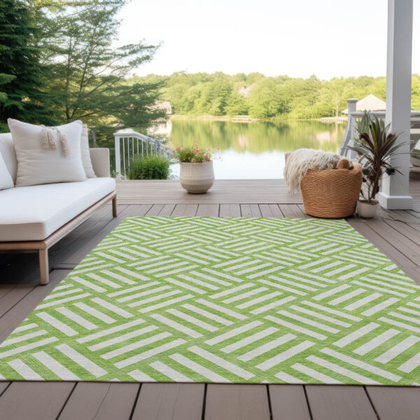 5' X 8' Lime Green And Ivory Geometric Washable Indoor Outdoor Area Rug