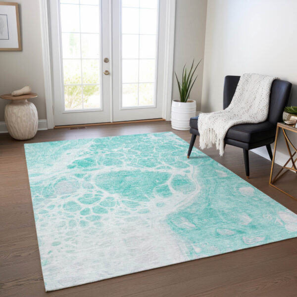 5' X 8' Aqua Teal Blue And Ivory Nautical Washable Indoor Outdoor Area Rug