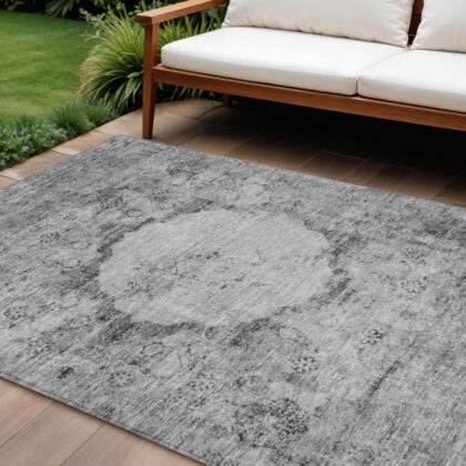 8' X 10' Gray Charcoal And Silver Oriental Washable Indoor Outdoor Area Rug