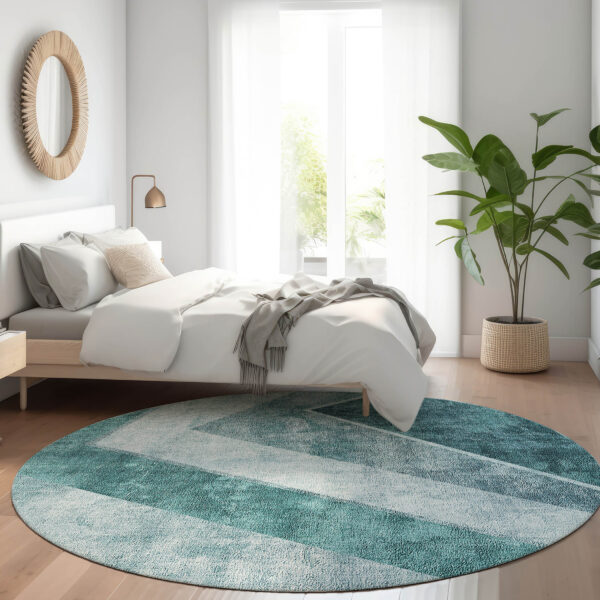 8' Teal Blue Aqua And Blue Round Geometric Washable Indoor Outdoor Area Rug