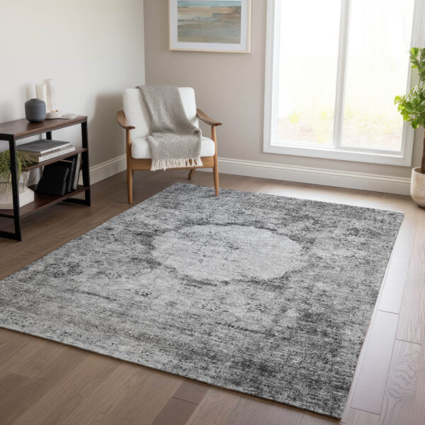 8' X 10' Gray Charcoal And Silver Oriental Washable Indoor Outdoor Area Rug