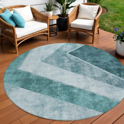 8' Teal Blue Aqua And Blue Round Geometric Washable Indoor Outdoor Area Rug