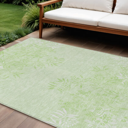 9' X 12' Mint Green Artichoke Green And Ivory Floral Washable Indoor Outdoor Area Rug