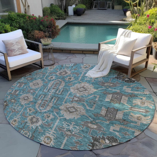 8' Teal Blue Aqua And Beige Round Oriental Washable Indoor Outdoor Area Rug