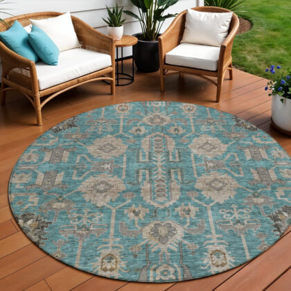 8' Teal Blue Aqua And Beige Round Oriental Washable Indoor Outdoor Area Rug