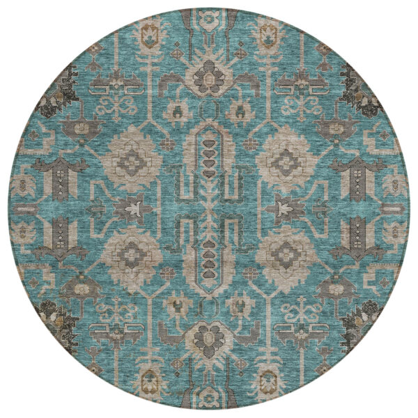 8' Teal Blue Aqua And Beige Round Oriental Washable Indoor Outdoor Area Rug