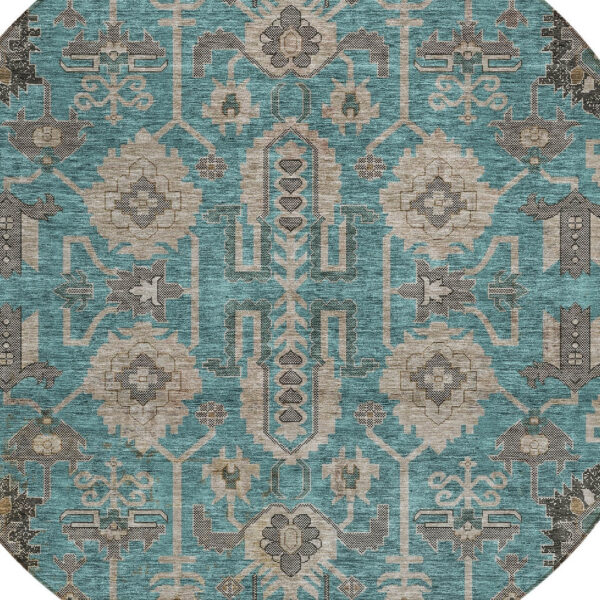 8' Teal Blue Aqua And Beige Round Oriental Washable Indoor Outdoor Area Rug