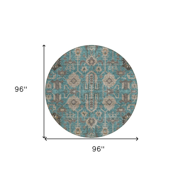 8' Teal Blue Aqua And Beige Round Oriental Washable Indoor Outdoor Area Rug