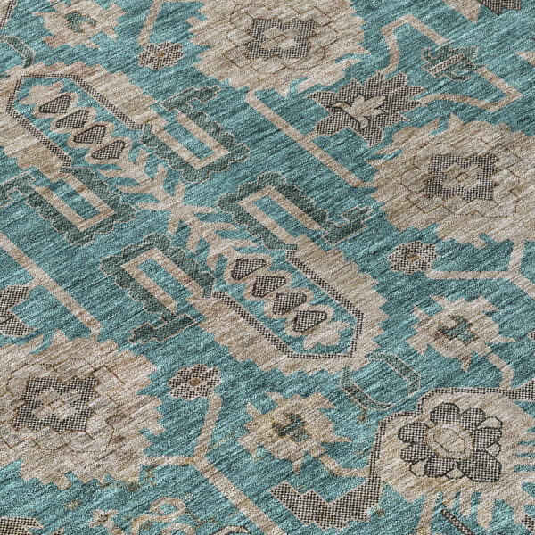 8' Teal Blue Aqua And Beige Round Oriental Washable Indoor Outdoor Area Rug
