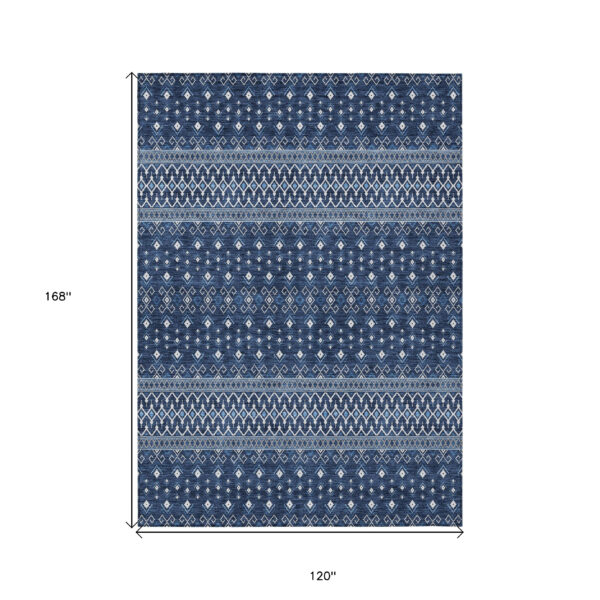 10' X 14' Navy Blue And Denim Blue Tribal Washable Indoor Outdoor Area Rug