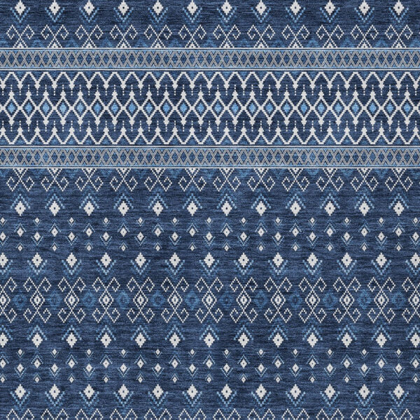 10' X 14' Navy Blue And Denim Blue Tribal Washable Indoor Outdoor Area Rug