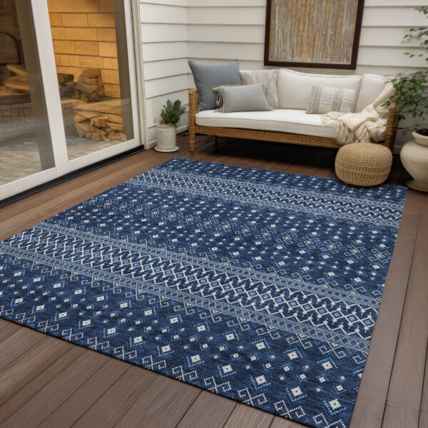 10' X 14' Navy Blue And Denim Blue Tribal Washable Indoor Outdoor Area Rug