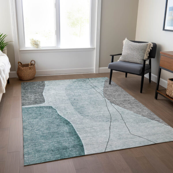 3' X 5' Teal Blue Aqua And Gray Abstract Washable Indoor Outdoor Area Rug