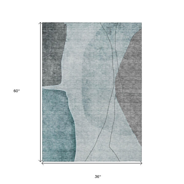 3' X 5' Teal Blue Aqua And Gray Abstract Washable Indoor Outdoor Area Rug