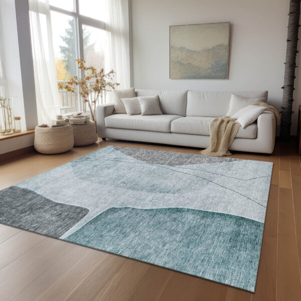 3' X 5' Teal Blue Aqua And Gray Abstract Washable Indoor Outdoor Area Rug