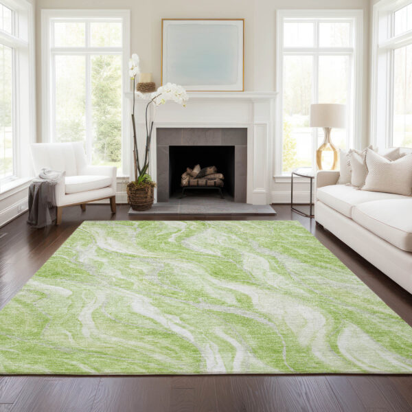 3' X 5' Green And Ivory Abstract Washable Indoor Outdoor Area Rug