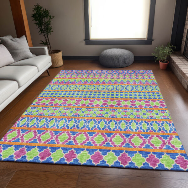 10' X 14' Blush Blue And Lime Green Quatrefoil Washable Indoor Outdoor Area Rug