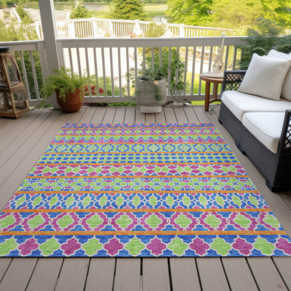 10' X 14' Blush Blue And Lime Green Quatrefoil Washable Indoor Outdoor Area Rug