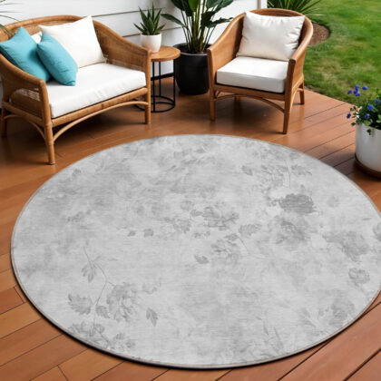 8' Gray Charcoal And Silver Round Floral Washable Indoor Outdoor Area Rug
