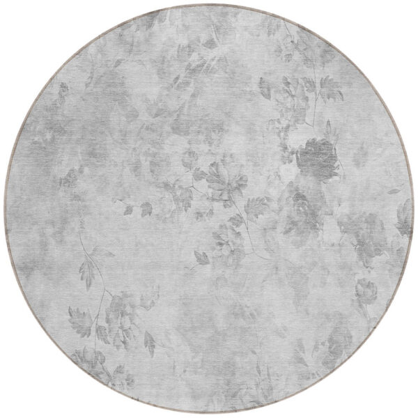 8' Gray Charcoal And Silver Round Floral Washable Indoor Outdoor Area Rug