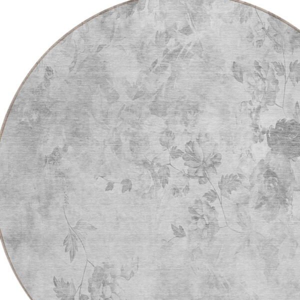 8' Gray Charcoal And Silver Round Floral Washable Indoor Outdoor Area Rug