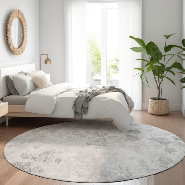 8' Gray Charcoal And Silver Round Floral Washable Indoor Outdoor Area Rug