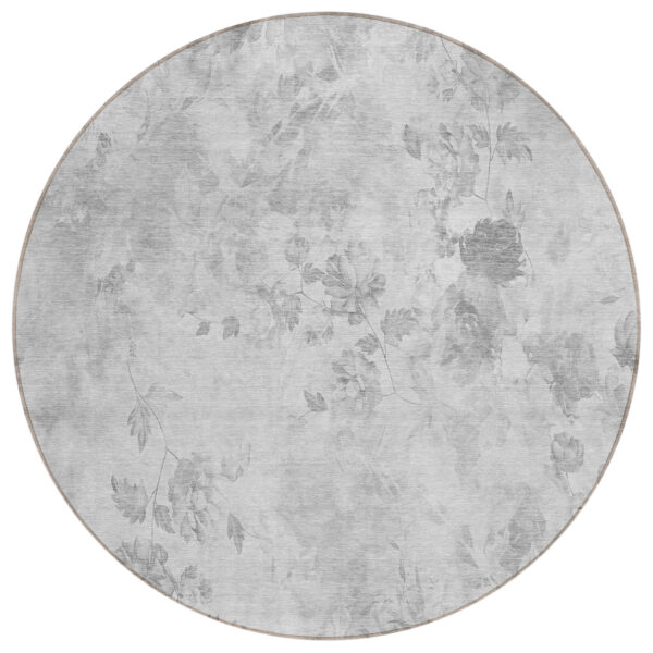 8' Gray Charcoal And Silver Round Floral Washable Indoor Outdoor Area Rug