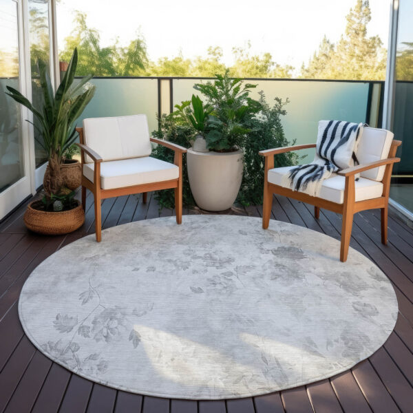 8' Gray Charcoal And Silver Round Floral Washable Indoor Outdoor Area Rug
