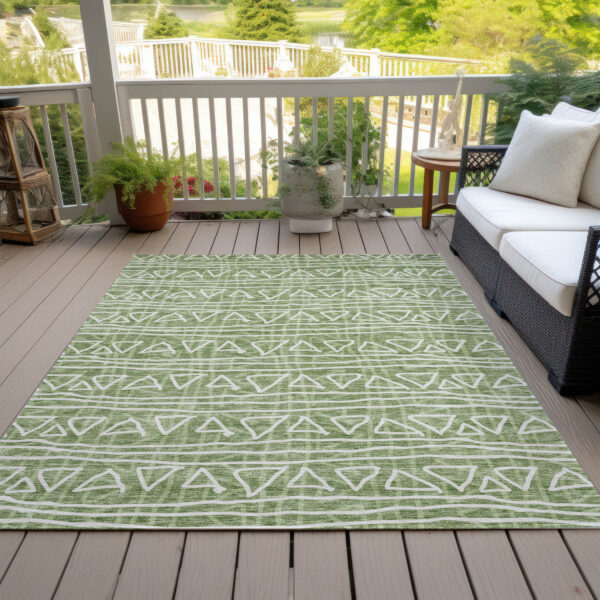 5' X 8' Green And Ivory Geometric Washable Indoor Outdoor Area Rug