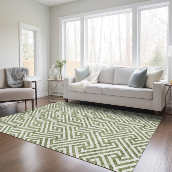 8' X 10' Green And Beige Geometric Washable Indoor Outdoor Area Rug