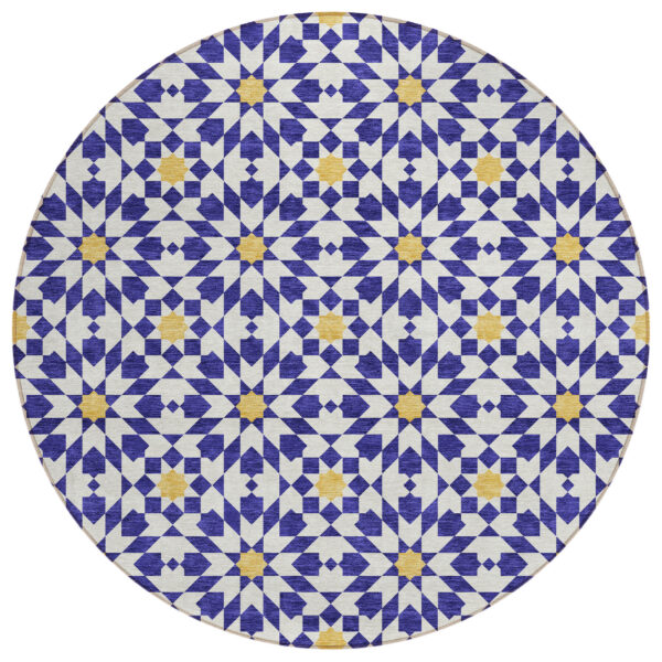 8' Navy Blue And Ivory Round Floral Medallion Washable Indoor Outdoor Area Rug