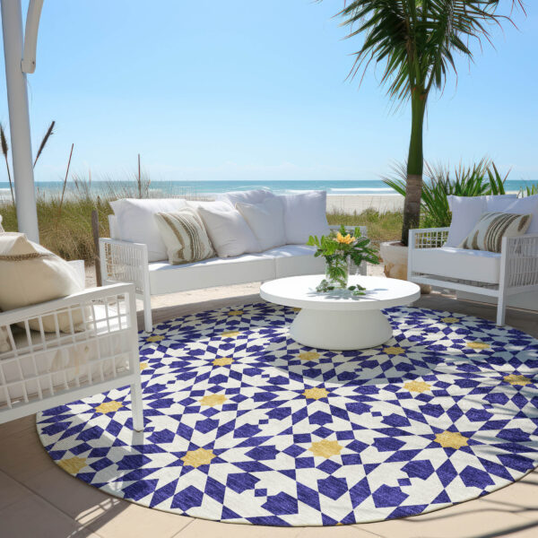8' Navy Blue And Ivory Round Floral Medallion Washable Indoor Outdoor Area Rug