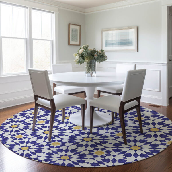 8' Navy Blue And Ivory Round Floral Medallion Washable Indoor Outdoor Area Rug