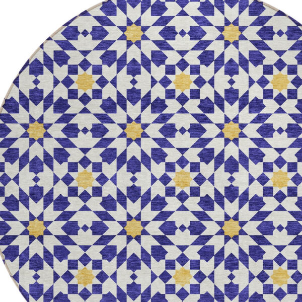 8' Navy Blue And Ivory Round Floral Medallion Washable Indoor Outdoor Area Rug