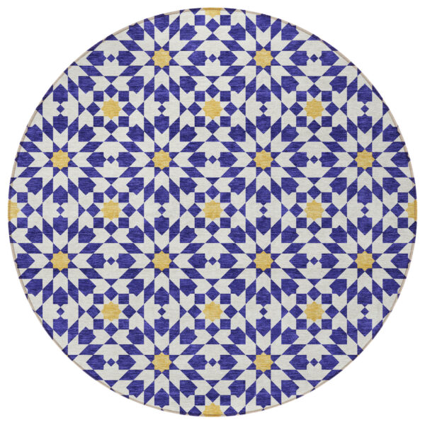 8' Navy Blue And Ivory Round Floral Medallion Washable Indoor Outdoor Area Rug