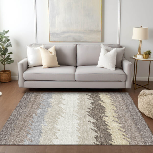 3' X 5' Taupe Brown And Gray Striped Washable Indoor Outdoor Area Rug