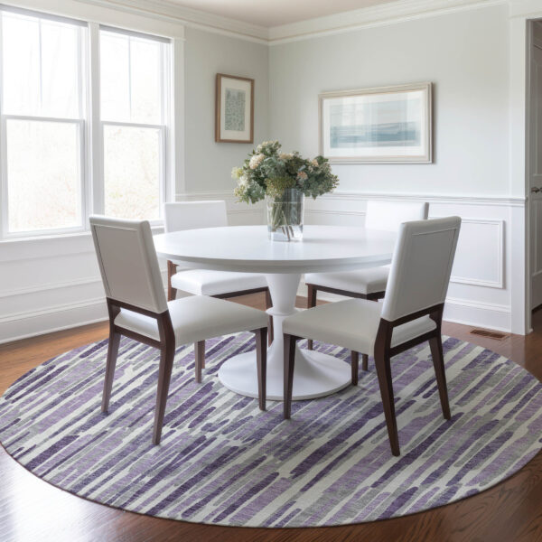 8' Purple Ivory And Lavender Round Abstract Washable Indoor Outdoor Area Rug