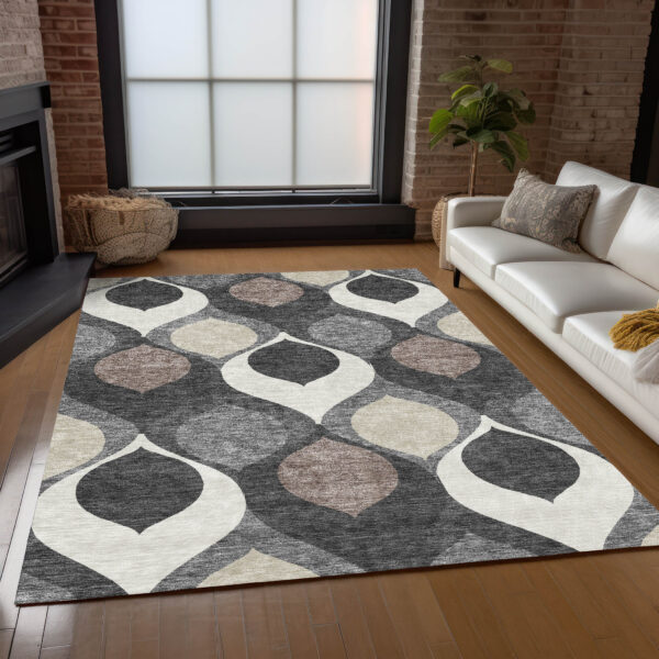 3' X 5' Gray Beige And Taupe Ogee Washable Indoor Outdoor Area Rug