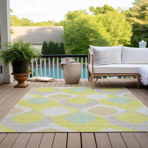 8' X 10' Yellow Mint Green And Beige Ogee Washable Indoor Outdoor Area Rug