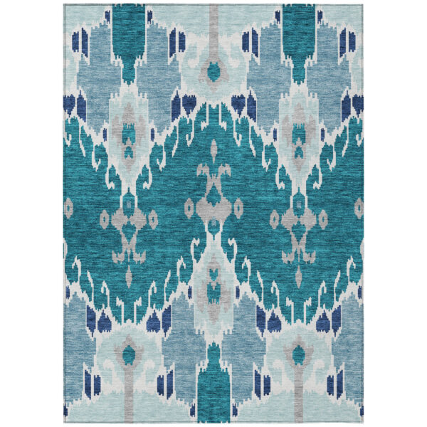 9' X 12' Teal Blue Navy Blue And Gray Ikat Washable Indoor Outdoor Area Rug