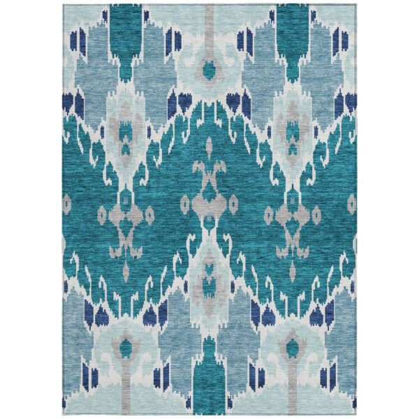 9' X 12' Teal Blue Navy Blue And Gray Ikat Washable Indoor Outdoor Area Rug