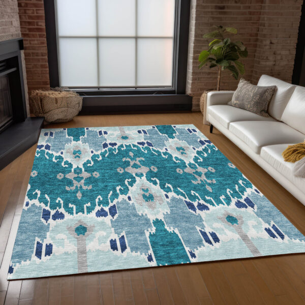 9' X 12' Teal Blue Navy Blue And Gray Ikat Washable Indoor Outdoor Area Rug