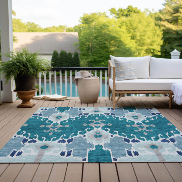 9' X 12' Teal Blue Navy Blue And Gray Ikat Washable Indoor Outdoor Area Rug
