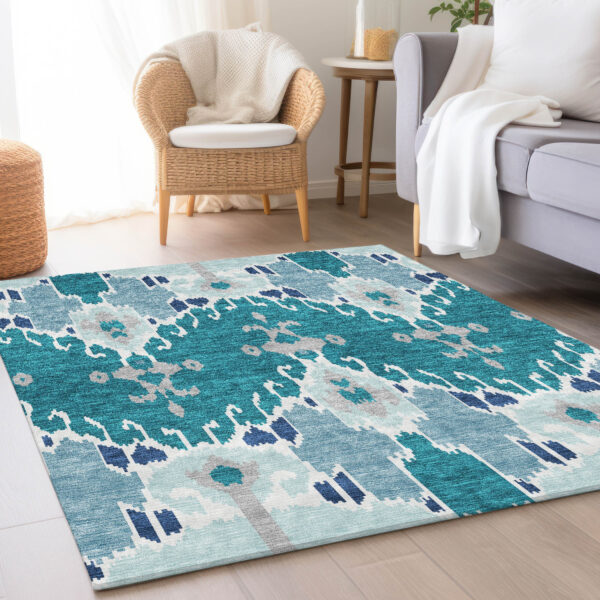 9' X 12' Teal Blue Navy Blue And Gray Ikat Washable Indoor Outdoor Area Rug