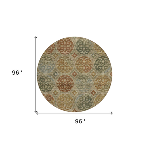8' Taupe Green And Gold Round Trellis Washable Indoor Outdoor Area Rug