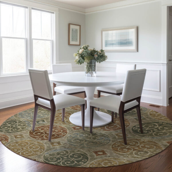 8' Taupe Green And Gold Round Trellis Washable Indoor Outdoor Area Rug