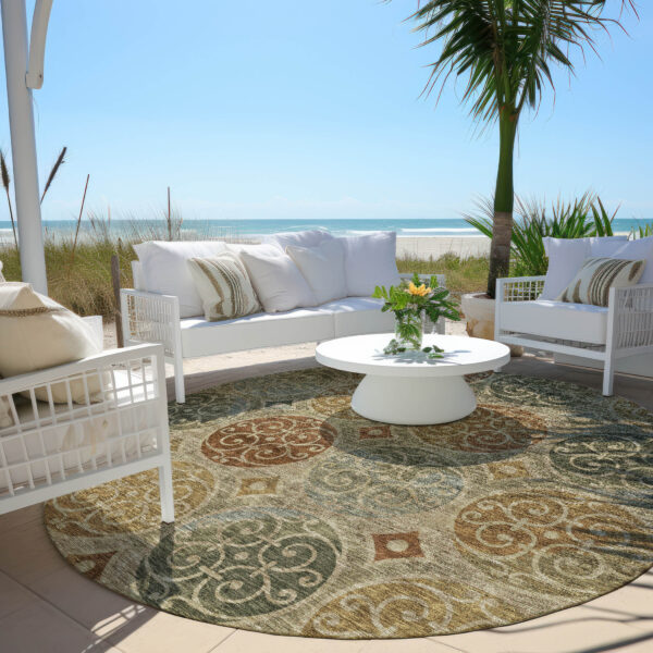 8' Taupe Green And Gold Round Trellis Washable Indoor Outdoor Area Rug