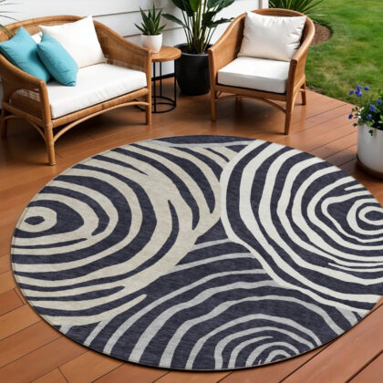 8' Black Charcoal And Gray Round Abstract Washable Indoor Outdoor Area Rug